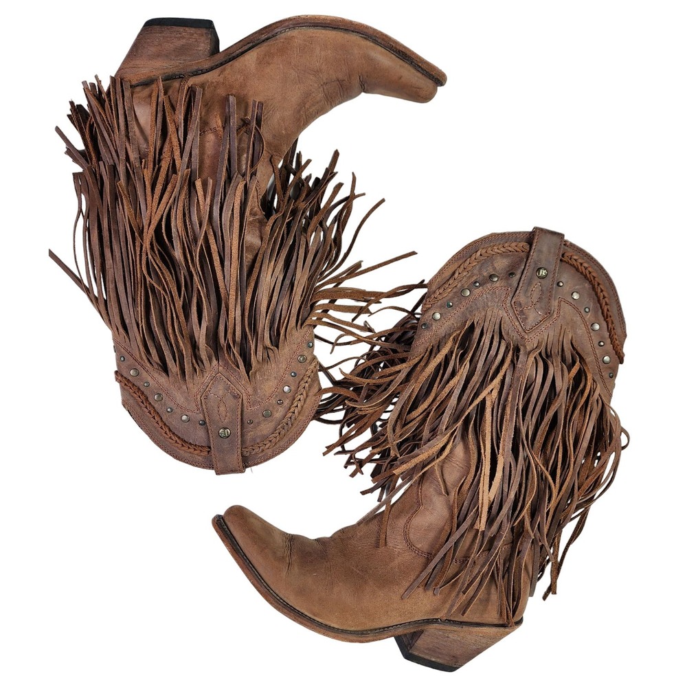 Liberty Black Brown Distressed Leather Fringe Cowboy Boots 8.5 Made in Mexico